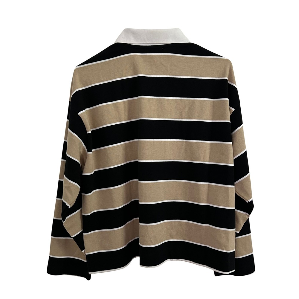 Madewell Womens Tan Black Stripe Rugby Polo Boxy Shirt M Medium New Preppy - Picture 6 of 8